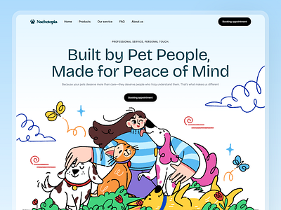 Nachotopia🐾 - Pet Care Header Design ✨ cat lovers character design dog lovers happypets home page homepage illustration illustrationoftheday landing page landingpage pet petcare petgrooming petlovers ui ui design ui illustration ux web design website
