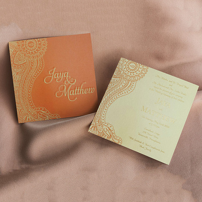 Shimmery Screen Printed Wedding Invitation: Atomic-Tangerine invitation paper and envelopes