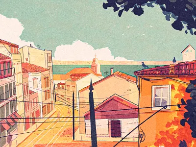 Portugal 2d background cityscape digital painting europe iberia iberian illustration landscape lisboa lisbon mediterranean portugal spain summer tagus urban village vintage warm