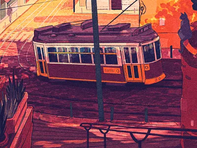 Lisbon Tram 2d bus cityscape digital painting europe iberia iberian illustration landscape lisboa lisbon mediterranean portugal retro streetcar train tram urban village