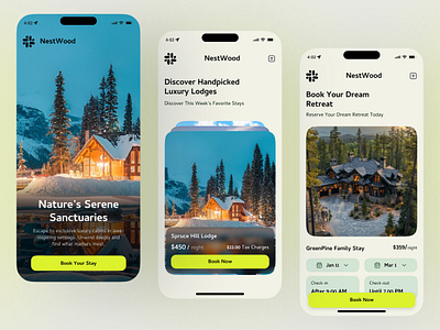 Nature Retreats & Cabin Booking App UI app app design booking booking app booking ui design hospitality app hotel hotel app house booking interface ios lodge booking mobile app property booking real estate app reservation app travel agency travel app ux design