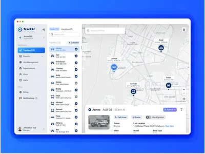 🛞 📡 TrackAI. Smart Tracking AI Solution ai app application cars crm design flat geolocation gps graphic design location logo design map minimal mobile product design tracking ui ux vehicles