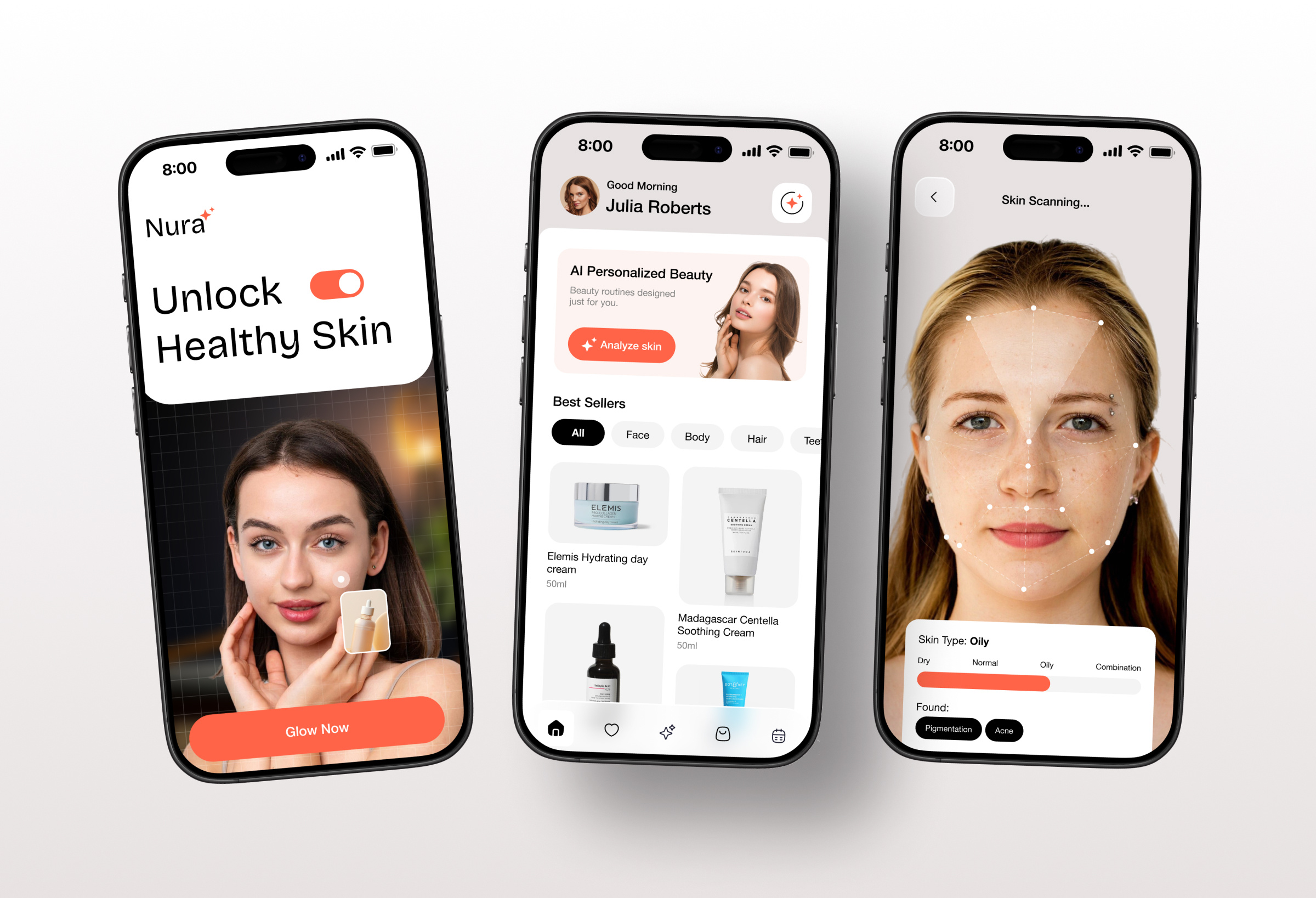 Nura - Personalized Skin Care App Design app design beauty product beauty products branding cosmetics cosmetology ecommerce hair care mobile app mobile app design mobile design online shop product design selfcare shopify skin skin care products skincare user experience
