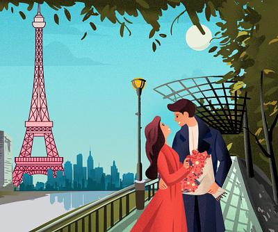 Romance in Paris eiffel illustration eiffel tower man and woman illustration paris paris illustration romace illustration romance romance graphics romantic travel illustrations
