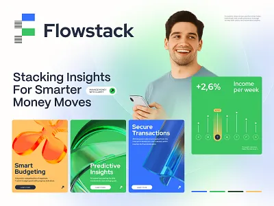 Branding for Flowstack🏦 blue and green brand guidelines brand identity branding design finance finance app finance logo fintech fintech logo logo logo design money