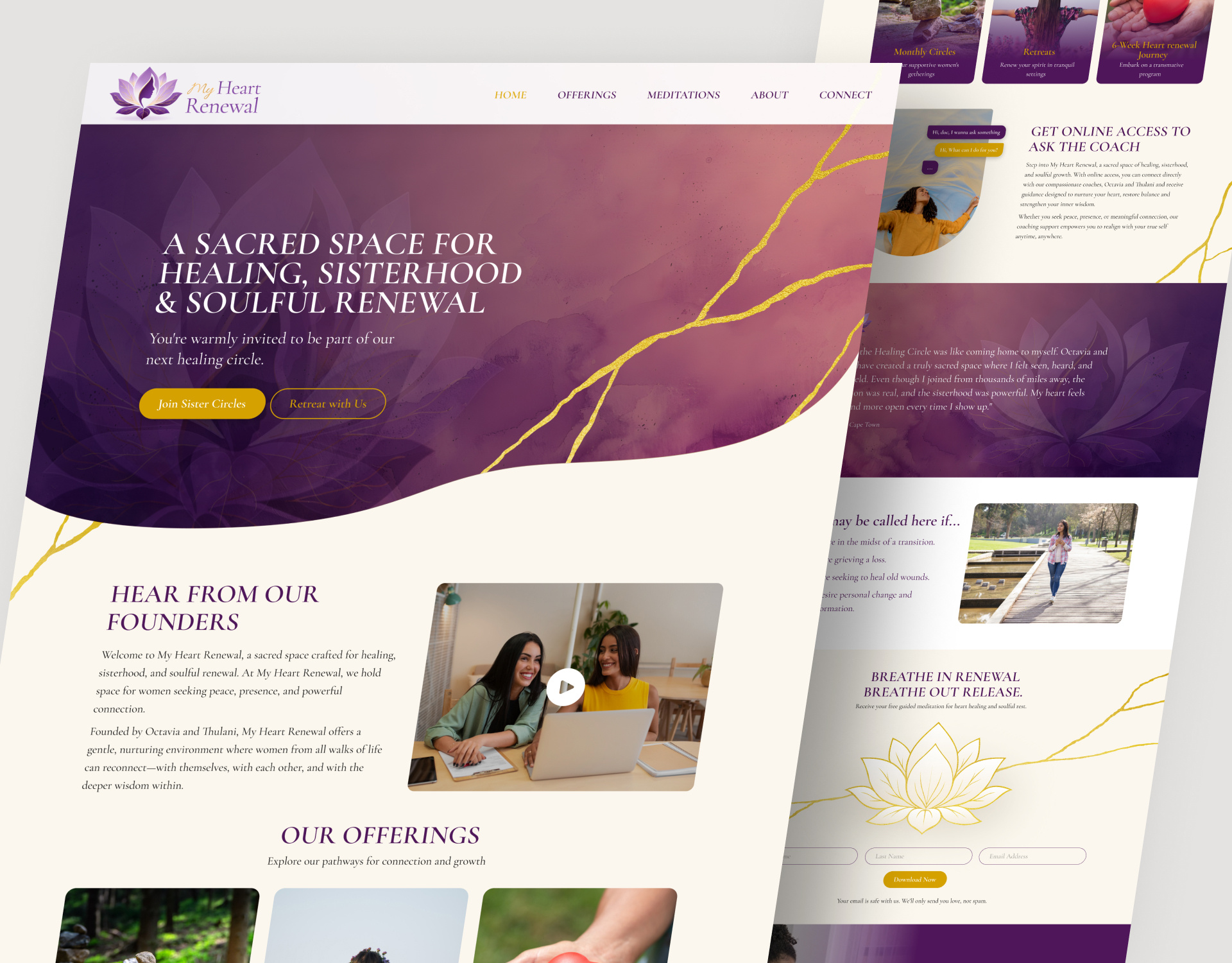 Spiritual Healing Community Website Landing Page community platform feminine community healing community heart centered coaching life coaching website lifestyle website design mindful connection online coaching platform online healing circle personal growth website self care website sisterhood community soulful renewal spiritual healing website ui ux design website landing page wellness landing page wellness website womens coaching website womens wellness platform