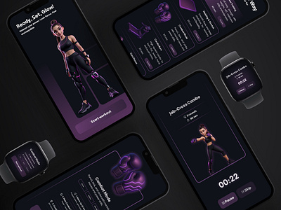Futuristic Workout App / Overview 3d ai appdesign applewatch combat coolection darkmode futuristic gadget mobiledesign neontheme purple smartwatch ui uiuxdesign ux