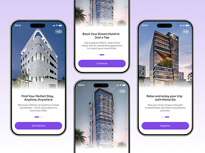 Onboarding screen design for a Hotel Booking App booking platform ui clean minimal app design flight hotel app hotel booking app mobile app mobile app uiux reservation app tourism app design travel app ui travel dashboard ui vacation rental app