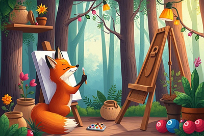 Creative Paws – Fox Painting in a Forest Studio detailed illustration