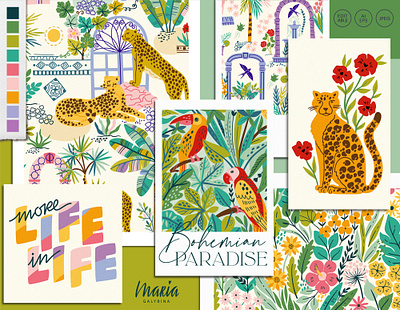 BOHEMIAN PARADISE print & pattern collection birds bohemian cheetah design digital exotic for licensing jungle leaves leopard pattern seamless tropical vector