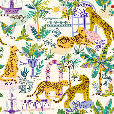 Wild cheetahs in the garden animal architecture bohemian cheetah design exotic garden palm paradise pattern seamless tropical urban vector wild