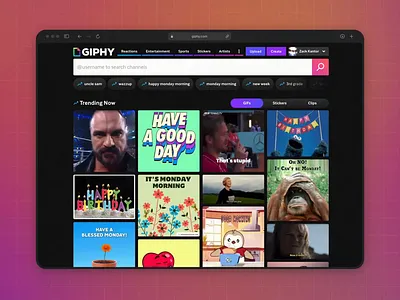 GIPHY dot com animation clips gifs giphy grid homepage landing page search stickers web design