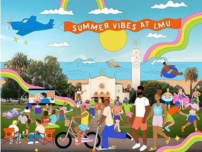 LMU Summer Series campaign illustrations bike california family flag football football illustration la landscape loyola marymount university marketing movie nature ocean outdoors park picnic scooter summer swimming walk