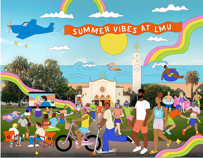 LMU Summer Series campaign illustrations bike california family flag football football illustration la landscape loyola marymount university marketing movie nature ocean outdoors park picnic scooter summer swimming walk