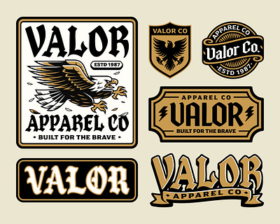 Valor Apparel Logo Asset Pack | Eagle Design aesthetic apparel design asset pack athletics badge design biker branding brave crest eagle eagles identity design illustration mascot mascot logo military sports logo tattoo valor vintage