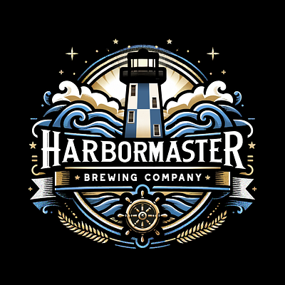 Harbormaster Brewing Company logo ai brewing company hampton roads harbormaster light house nautical ocean retro virginia waves wheat wheel