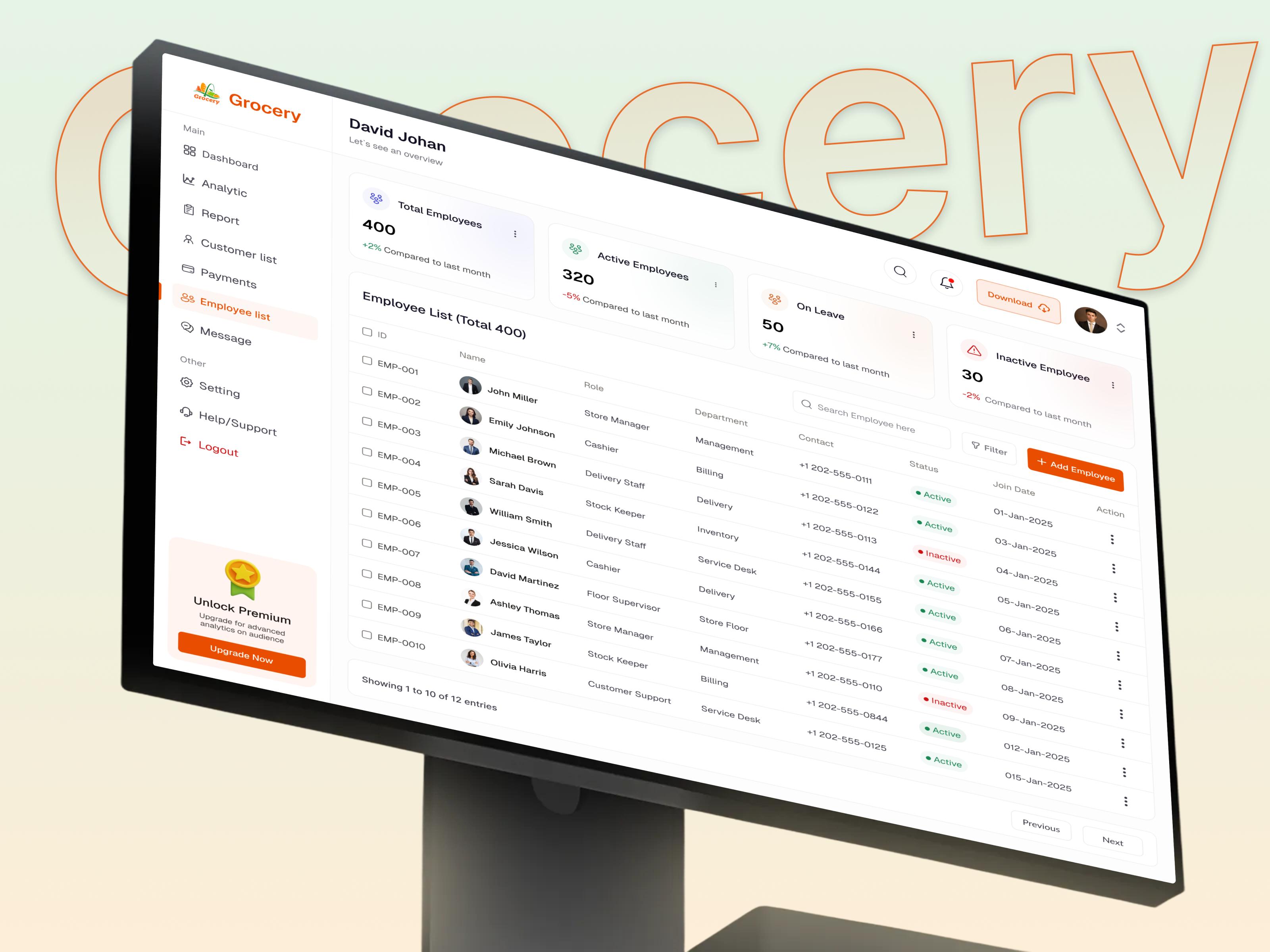 Grocery Admin Dashboard – Employee Management admindashboard adminpanel analyticsdashboard businessdashboard cleanui dashboard dashboarddesign ecommercedashboard employee grocery grocery store grocerydashboard grocerydelivery management modernui storemanagement ui ux webapp website
