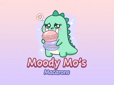 Moody Mo’s Macarons — Kawaii Dino Mascot Logo branding cartoon cartoon dino cartoon logo chibi logo cute dino cute kawaii cute logo dino dino logo fb logo illustration kawaii logo logo macaron logo mascot logo packaging design