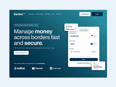 ZentraPay – Cross-Border Payment Platform 🌍 branding conversion design financial fintech landing page saas ui ui design web design