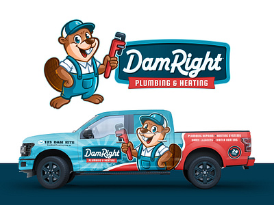 DamRight advertising bold branding cartoon design graphic design home service hvac illustration logo mascot plumbing truck vehiclewrap
