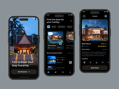 Hotel Booking App UI Design app design booking app clean ui dark mode ui dribbble filter flight booking app holet booking hotel app hotel booking app mobile app modern design ovious.studio product design search travel travel app ui design uiux ux design