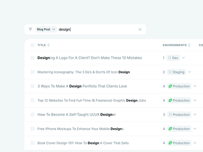 Contentstack CMS Nested Search UI app b2b cms contentstack customer design environment filter flat highlight redesign saas search simple table text ui user ux web