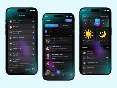 AI Journal & Diary Mobile App UX/UI Design ai ai journal app design clean ui daily planner dark mode diary app ios mental health mobile app mood tracking task manager uiux voice notes wellness app