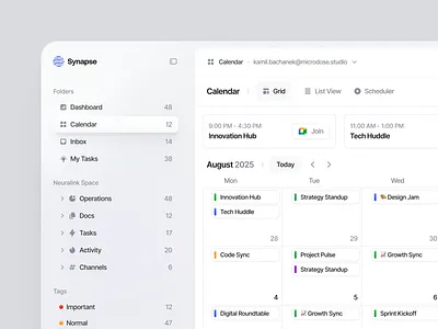 Synapse - Project Management Tool bachanek calendar consumer app dashboard events kamil meetings microdose navigation saas scheduler ui ux