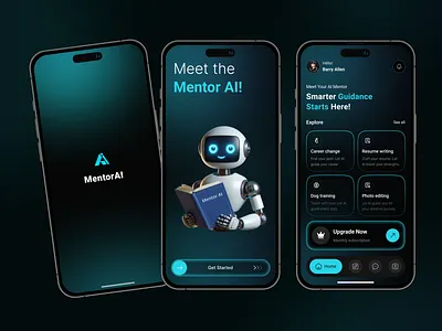 AI Powered Learning Mentor Mobile App UI/UX Design ai ai app ai application ai learning ai mentor ai mentor app ai powered app artificial intelligence branding chat gpt clean ui dark mode get satarted home page learning logo onboarding tech ui