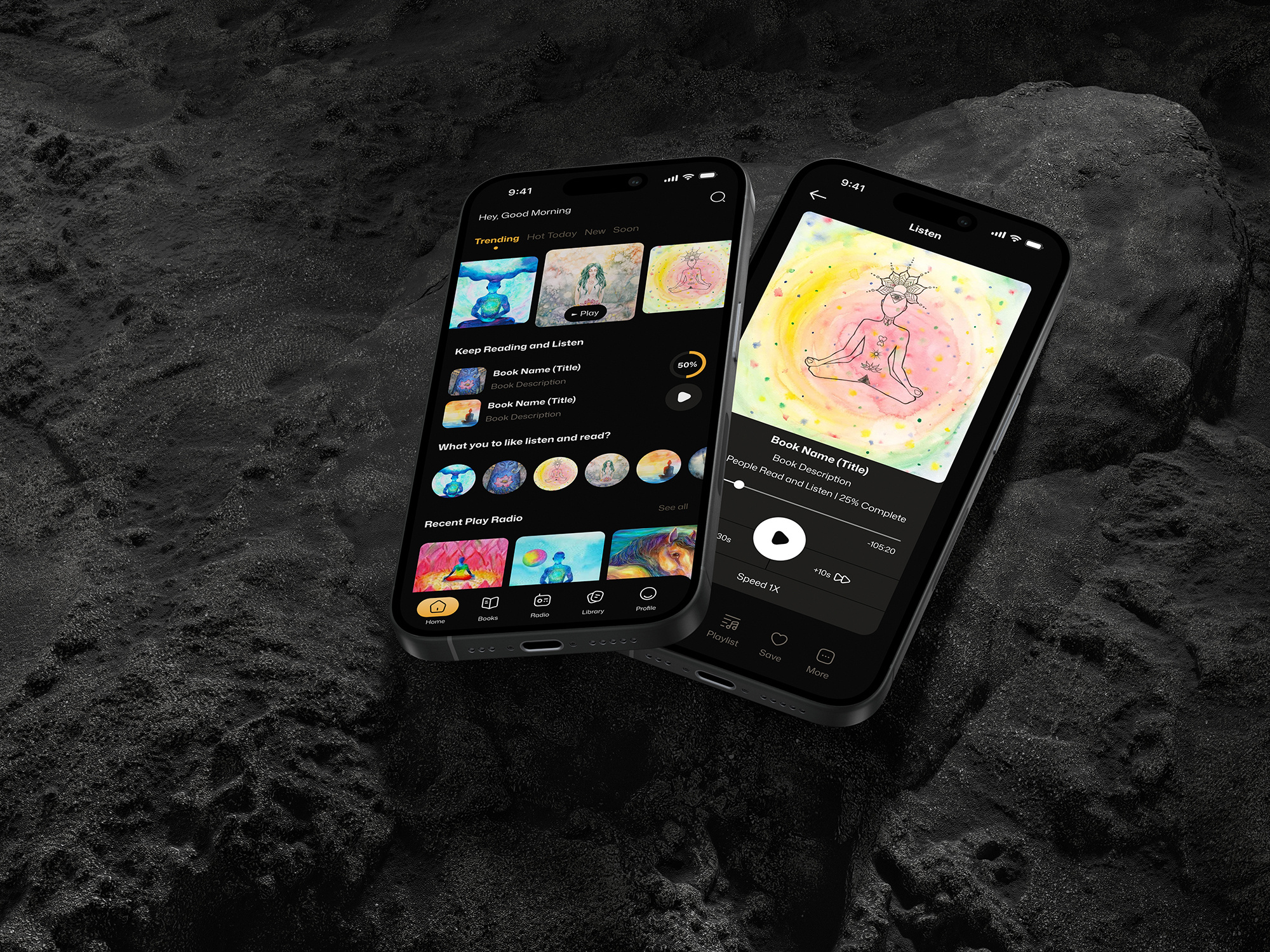 Audiobook With Live Radio animation app audio audiobook black book card e book fm guide mobile music player radio sound step trend ui ux write