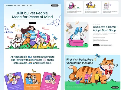 Nachotopia🐾 - Pet Care Landing Page ✨ cat lovers character design design dog lovers happypets home page homepage illustration illustrationoftheday landing page landingpage pet petcare petgrooming petlovers procreate ui illustration web design website website illustration