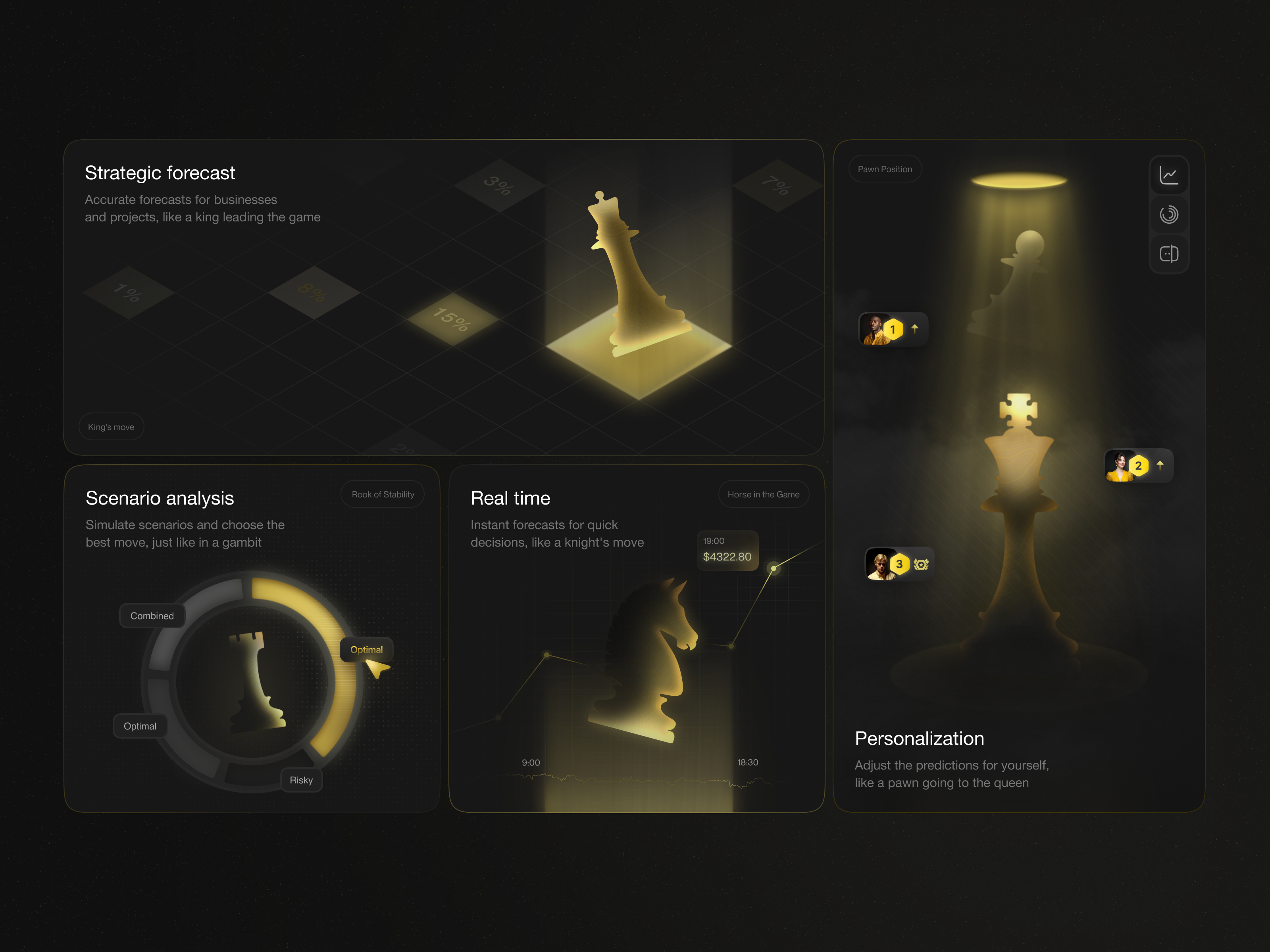 ChessMind bento: AI for Strategic Forecasting advantages bento branding card chess dark feature figma graphic design landing saas ui ux web yellow