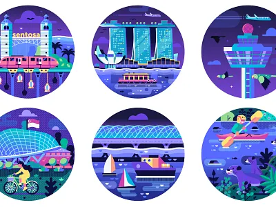 Singapore Travel Scenes bay garden famous flat design icons illustration landmarks merlion patches places singapore stickers symbols tourist travel vector