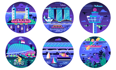 Singapore Travel Scenes bay garden famous flat design icons illustration landmarks merlion patches places singapore stickers symbols tourist travel vector