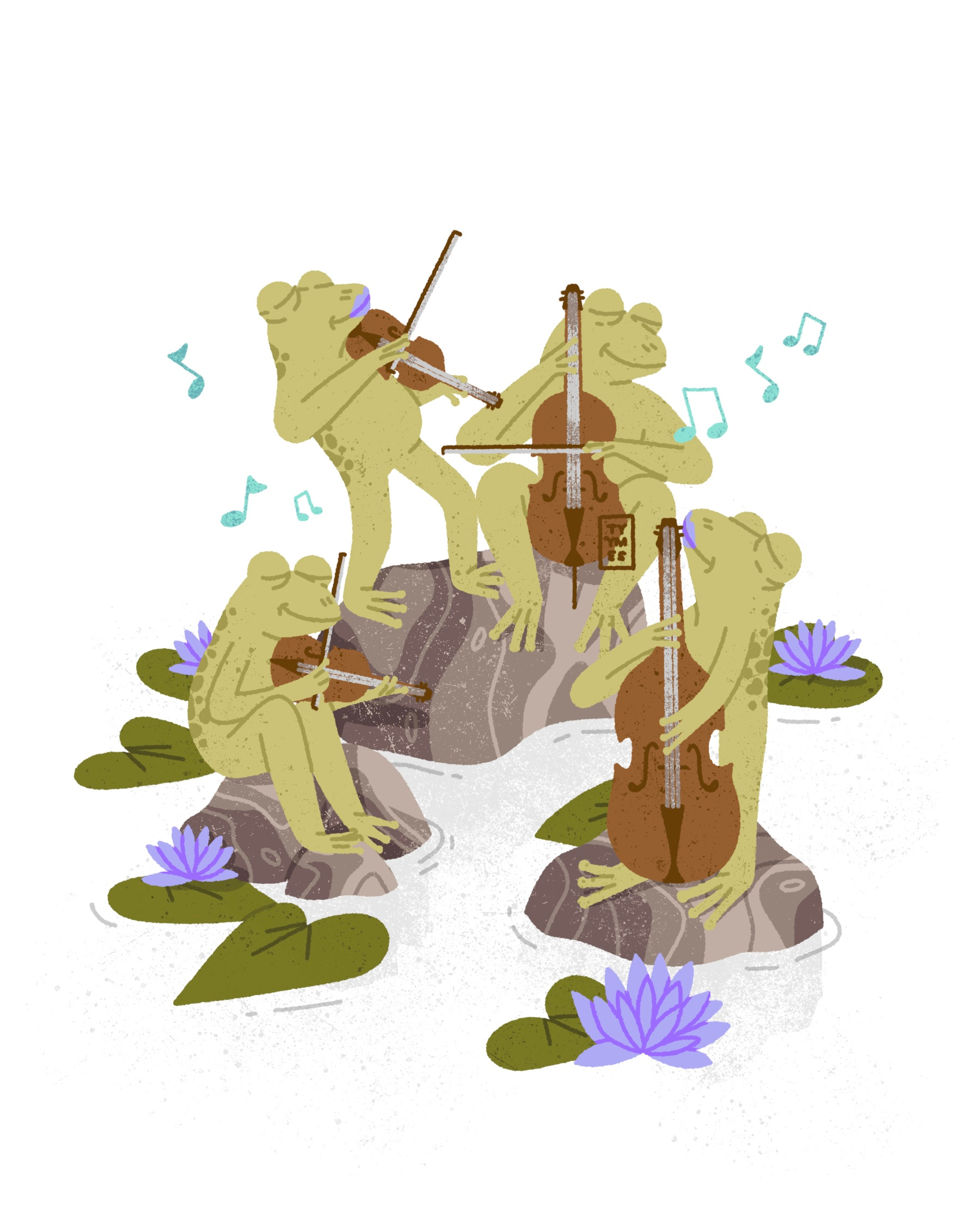Frog Quartet - Nature's Notes | Art challenge beautiful cello design digital fairytale frog illustration lilypad minimal music musicians nature naturesnotes procreate quartet simple singer swamp viola violin