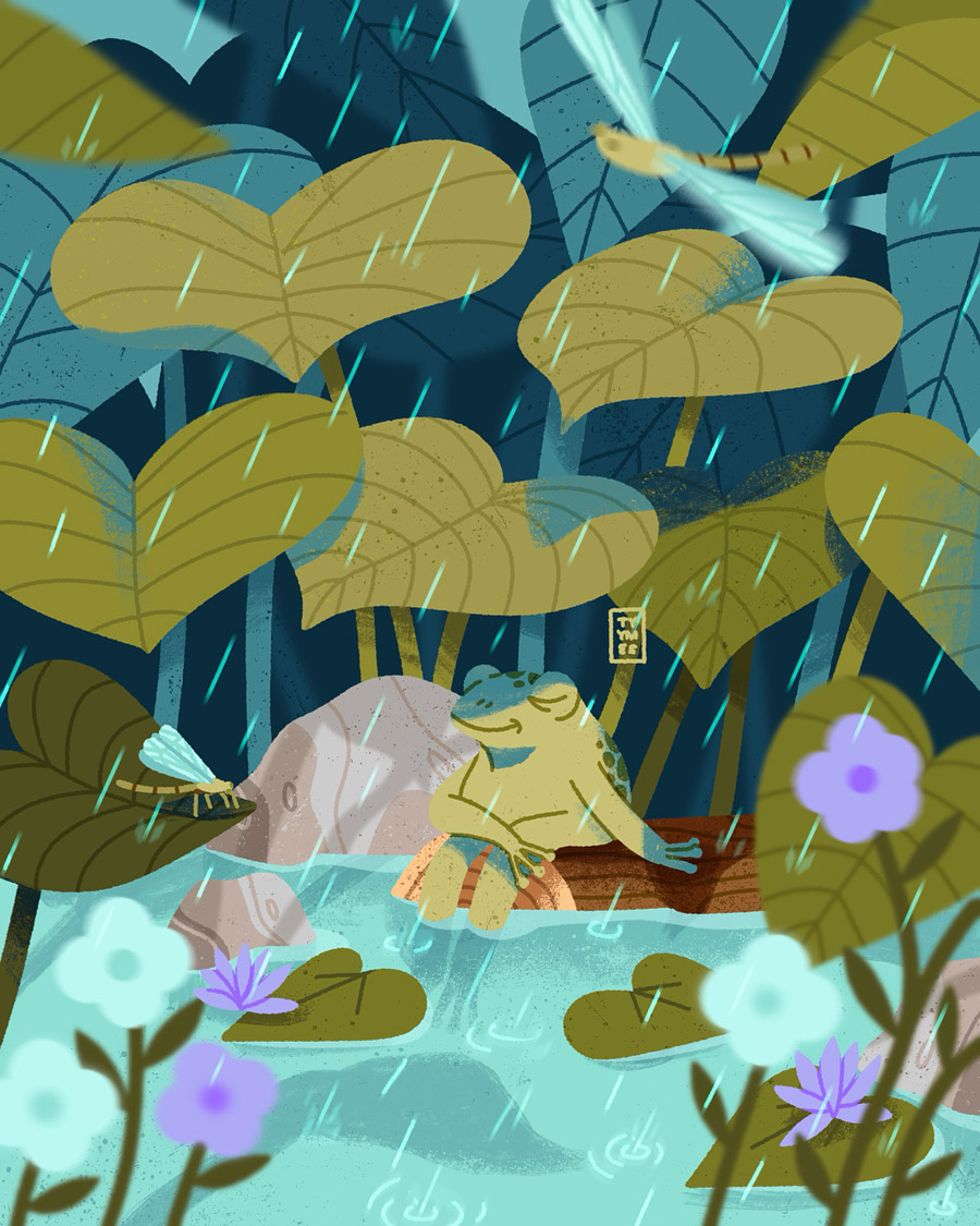 Waltz of Raindrops - Nature's Notes | Art challenge animal beautiful calm challenge design digital dragonfly flower frog illustration lake minimal nature plant pond procreate rain relaxing simple water