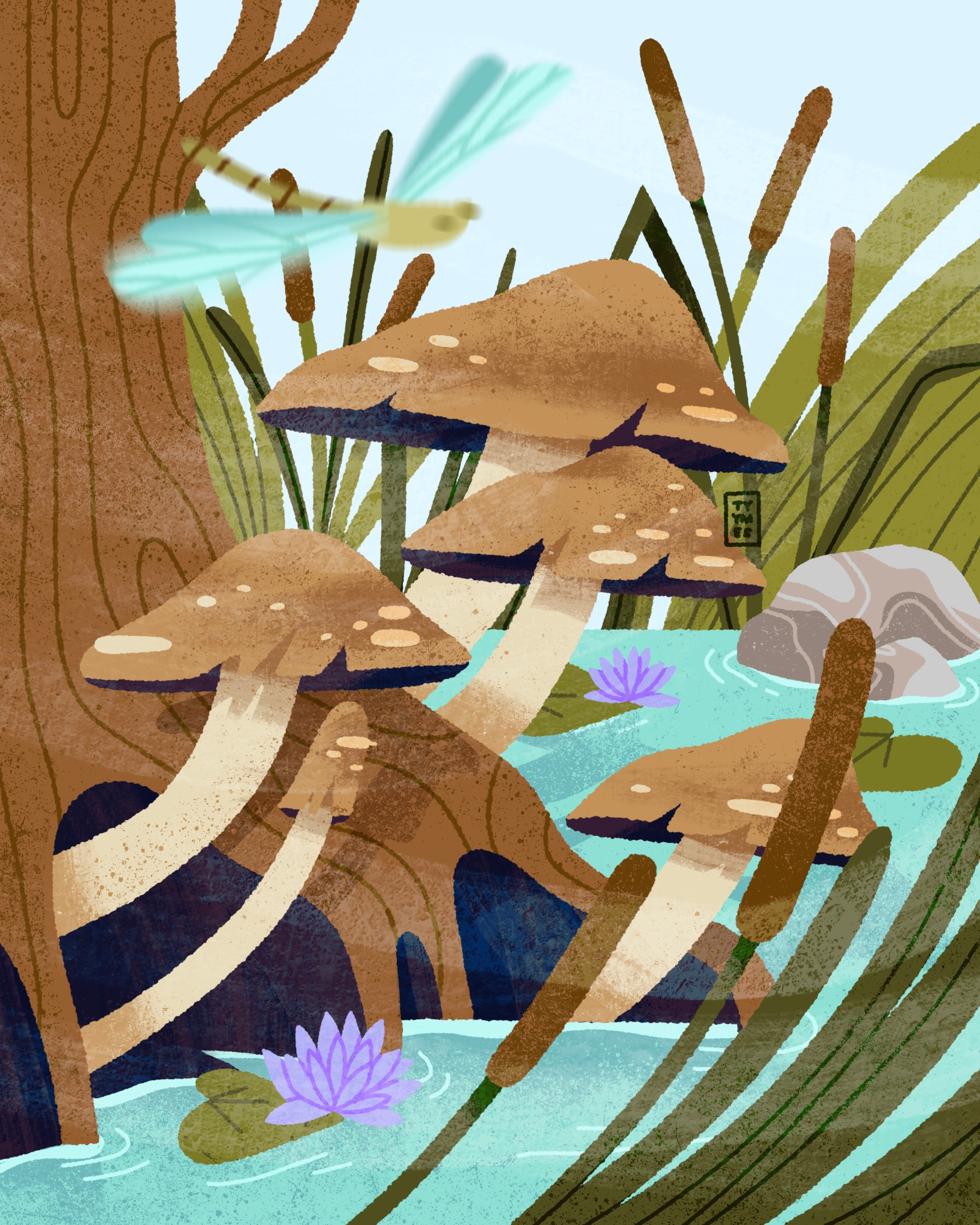 Whisper of Fungi - Nature's Notes | Art challenge 2d beautiful children design digital dragonfly flat fungi illustration lake minimal mushroom nature pond procreate scene simple story texture wood