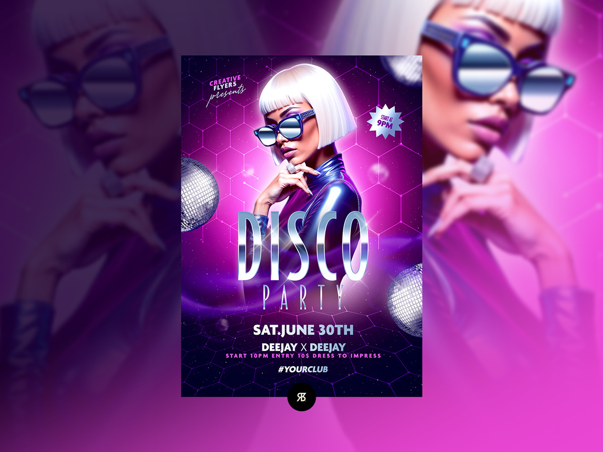 Disco Fever Flyer Design club design creative design disco ball disco flyer disco poster flyer templates futuristic gaming gradients graphic design illustration neon lights nightclub party flyer photoshop poster retro tects effects