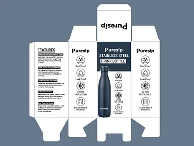 Modern Packaging Design for Puresip Stainless Steel Bottle 3d 3d mockup app bag design bottle bottle label box box design box packaging branding design graphic design illustration label label design logo packaging packaging design packaging illustration