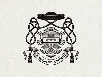 Ecclesiastical Heraldry bible branding church coat of arms crest crown engraving etching graphic design hand drawn hat heraldry illustration line art logo priest shield tassels victorian vintage