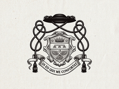 Ecclesiastical Heraldry bible branding church coat of arms crest crown engraving etching graphic design hand drawn hat heraldry illustration line art logo priest shield tassels victorian vintage