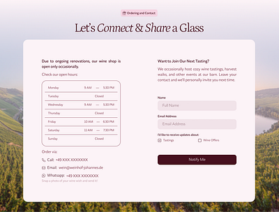 Winery Contact Section Concept — Weinhof Johannes connect contact us section german winery luxury minimal schedule table ui website wine