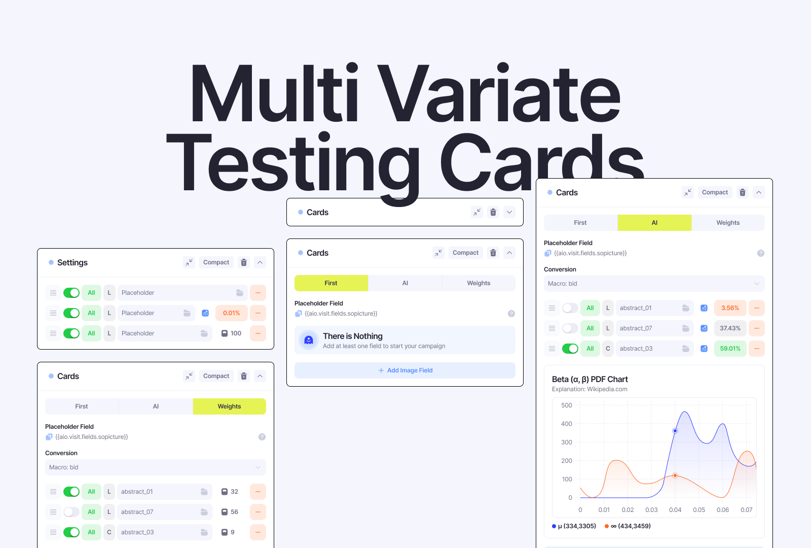 Multi Variate Testing for Landings ab accordeon buttons card cards chart commercial control controls fields light theme metrics product radio tabs testing ui ux