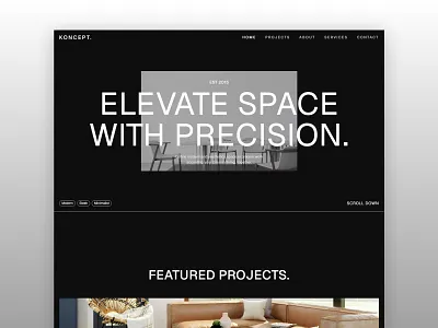 Koncept - Interior Studio Landing Page big typography clean dark figma framer freelancer homepage interior interior design landing page minimalist modern projects simple sleek templates ui design web design web designer website