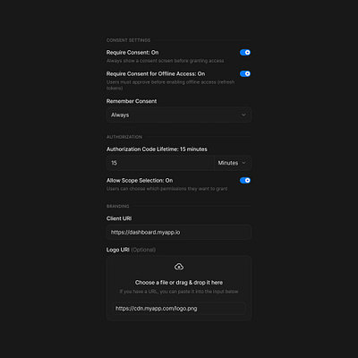 Consent settings dark mode settings tab design tabs