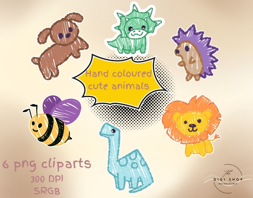 Cute hand drawn and coloured animals clipart pack animal graphics