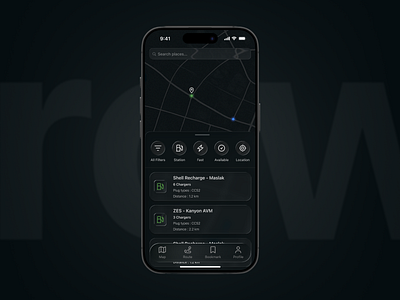 Charcing app design - rcw. app card design charge darkmode glassy glassy effect liquid mapui mobile mobile app mobile app design ui uikit user experience user interface ux ux ui vehicle charge
