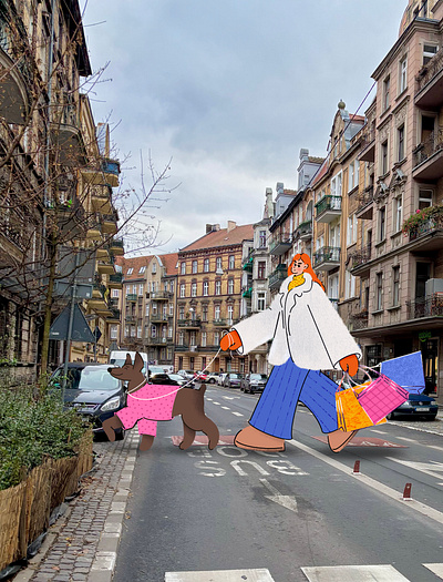 stylish girl walking with her dog on the street 2d autumn character cute dog europe flat girl illustration redhead shoping street stylized vector