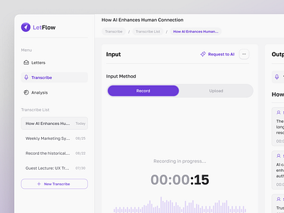 LetFlow - Transcribe Page Dashboard ai notetaker aiintegration aitranscription aiwritingassistant assistant audiotranscription clean dashboard design figma letter meetingnotesapp modern note dashboard record meeting summary transcribe transcribedashboard ui webapplication
