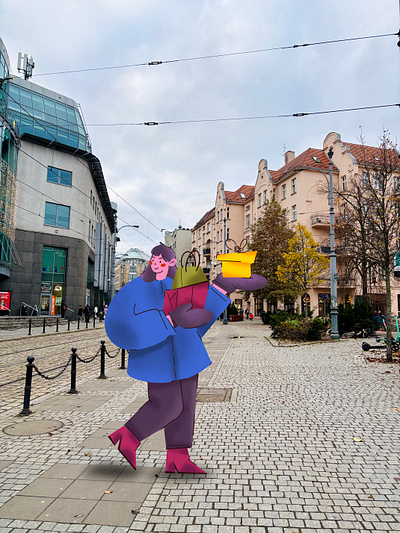 girl walks along a European street with purchases 2d character design flat gift girl illustration procreate vector